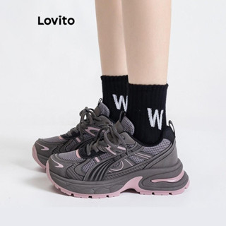 Giày thể thao Lovito màu trơn phối lưới ghép nối màu sắc thoáng khí cổ điển đế dày tăng chiều cao cho nữ LFA71102