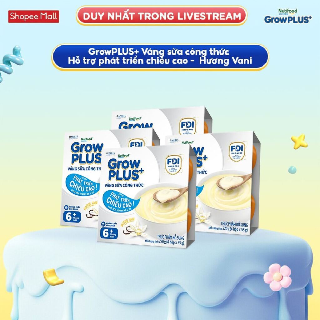 [Livestream KOL] Combo 4 lốc GrowPLUS+ Váng sữa công thức Cao lớn vượt trội Vani (55g x 16 hộp)