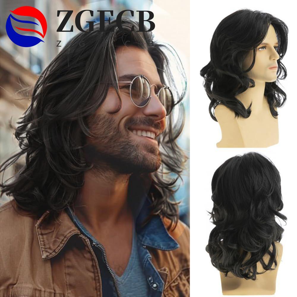 ZGECB Tóc giả cosplay nam xoăn sóng tự nhiên, chiều dài trung bình, phù hợppunk và hippie style