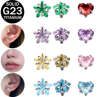 G23 Titan Nostril Stud 4mm Hình Trái Tim/Ngôi Sao, 0.9mm Sợi Bên Trong, Pha Lê - Nhiều Màu