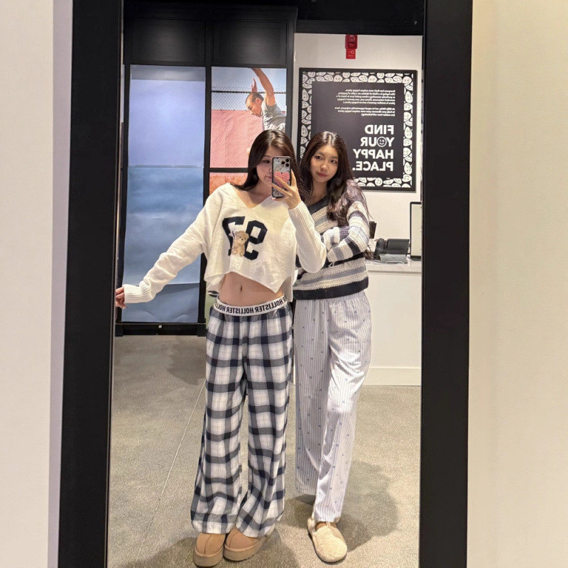 TFDD American Retro HCO Little Seagull Plaid Letter Cuffed Ribbed Casual Versatile Long Pants Pajama