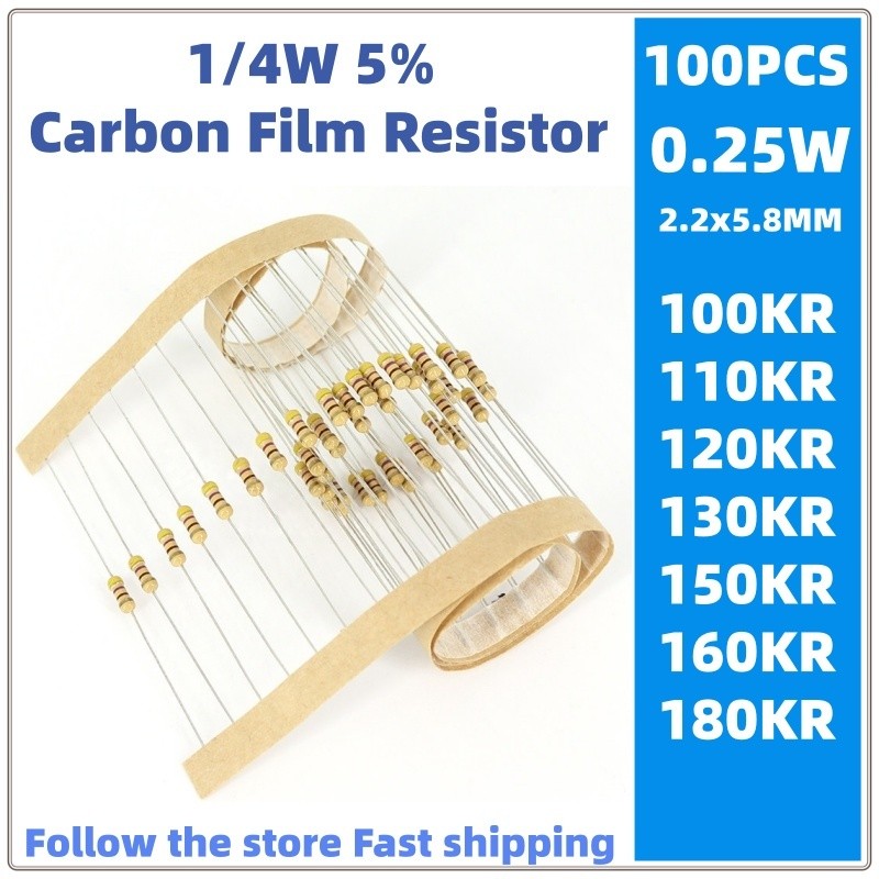 100 Chiếc 1 / 4w Phim carbon Điện Trở 5% 0,25W 100KR 110KR 120KR 130KR 150KR 160K 180K