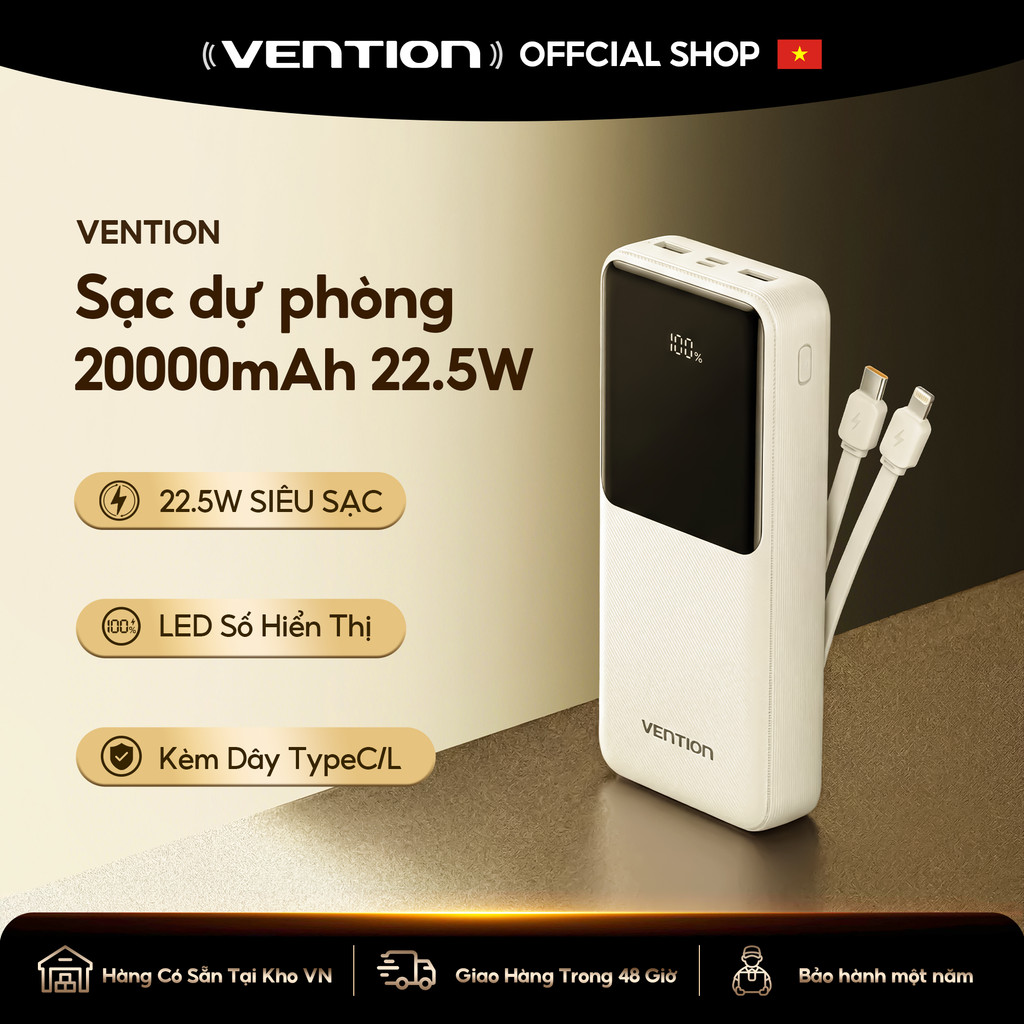 VENTION Sạc dự phòng 20000mAh Power Bank kèm cáp tích hợp 22,5W – Dây Type-C & Lightning tích hợp – Sạc nhanh PD 22.5W –Pin sạc dự phòng Màn hình kỹ thuật số – Hỗ trợ cáp kép cho iPhone 17/16/15/14/13/12/11, samsung, oppo, vivo, BH 12 tháng, Chính hãng
