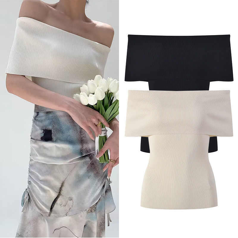 ZGQL Off-the-shoulder sexy top for women, summer short-sleeved thin knit T Elegant off-shoulder slim