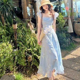 [Pre-Order] Váy Maxi Cánh Tiên Phong Cách Pháp Nghỉ Mát Màu Xanh Tươi Mát