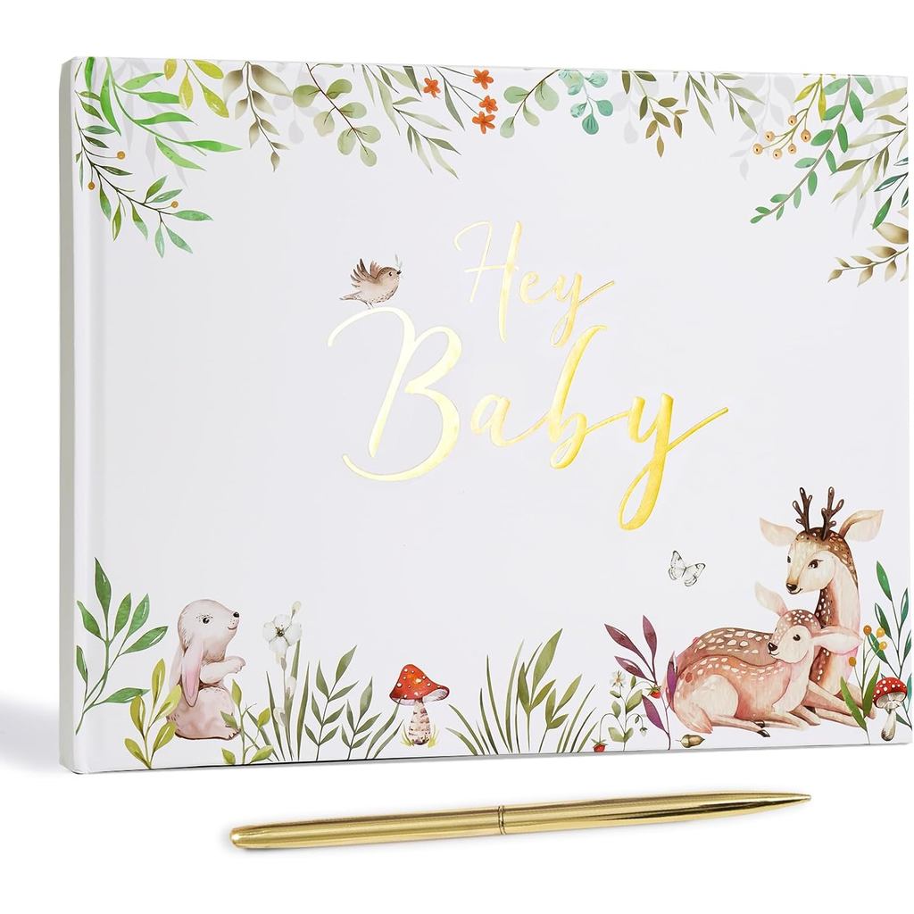 Hunanyume Woodland Animal Baby Shower Guest Book, Bìa cứng Baby Shower Sign in Guest Book with Gold 
