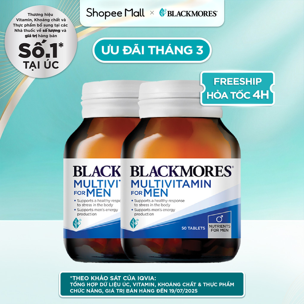 Combo 2 Lọ Vitamin Tổng Hợp Hỗ Trợ Sức Khỏe Nam Giới Blackmores Multivitamin For Men 50 Viên/Lọ