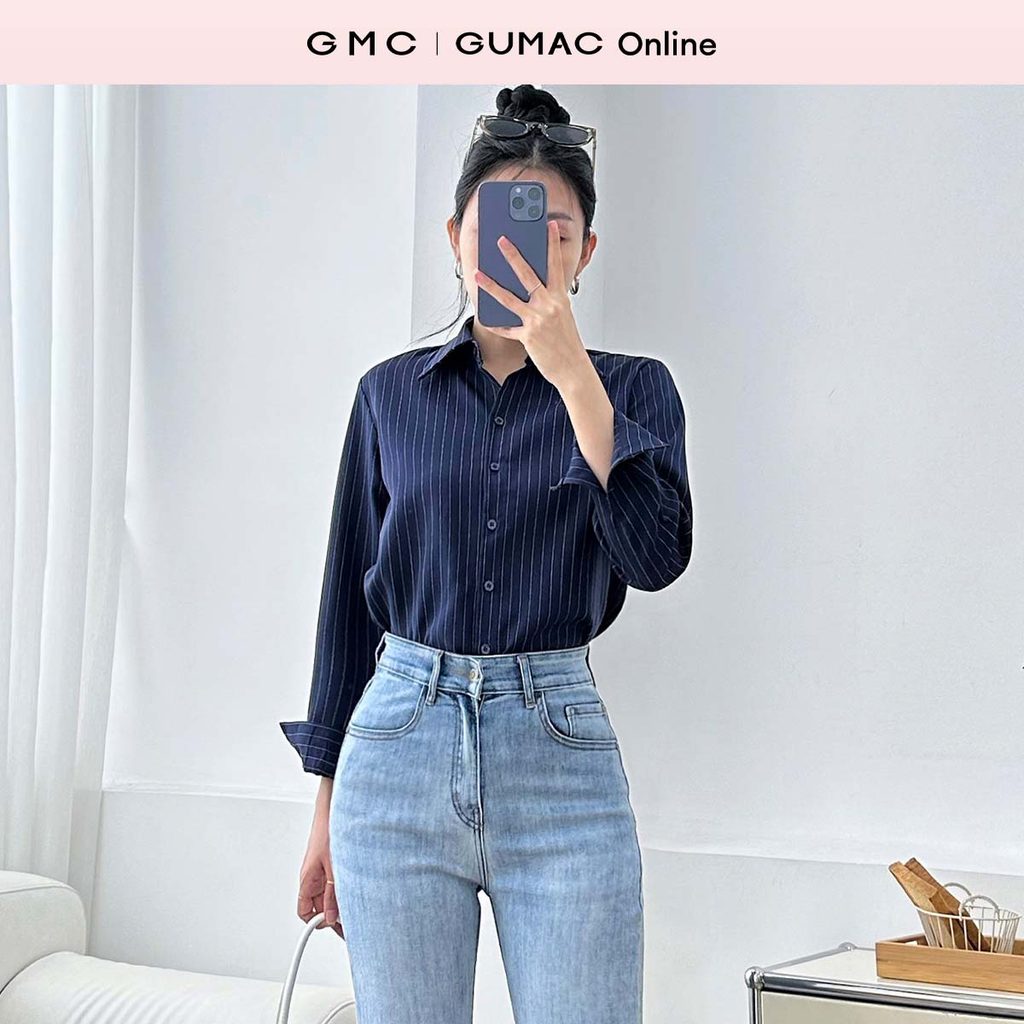 Áo sơ mi nữ tay dài sọc xanh đen lai bầu vải mềm mát công sở đi chơi thời trang GUMAC LAF0607