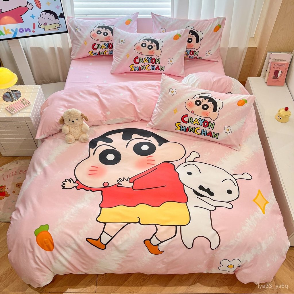 Bộ chăn ga gối cotton nguyên chất Crayon Shin-chan bốn món, bộ chăn ga hoạt hình dễ thương cho trẻ e