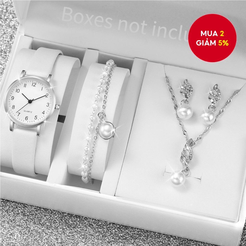 Bộ đồng hồ nữ 5 mảnh hợp thời trang - Đồng hồ da mặt số nhỏ & Bộ trang sức ngọc trai bạc (Không bao gồm hộp)