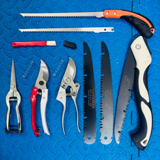 Bộ Dụng Cụ Làm Vườn 9 Món Thép SK5 gồm kéo cắt cành, kéo tỉa, cưa gấp gọn, cưa lách và lưỡi thay thế, đá mài kéo