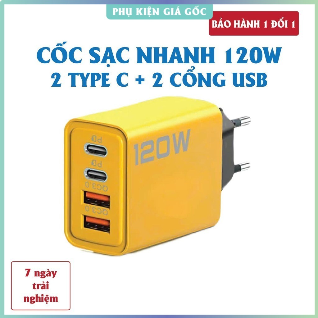 Bộ sạc 4 cổng, 120W gồm: 2 cổng Type C + 2 cổng USB – Cốc sạc nhanh 4 đầu, Củ sạc 120W, Củ sạc 120W 
