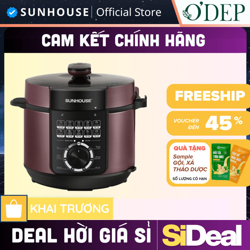 Nồi áp suất điện Sunhouse 6 lít Chính hãng van xả áp an toàn, chống dính dễ vệ sinh SHD1657 - SIDEAL SIA