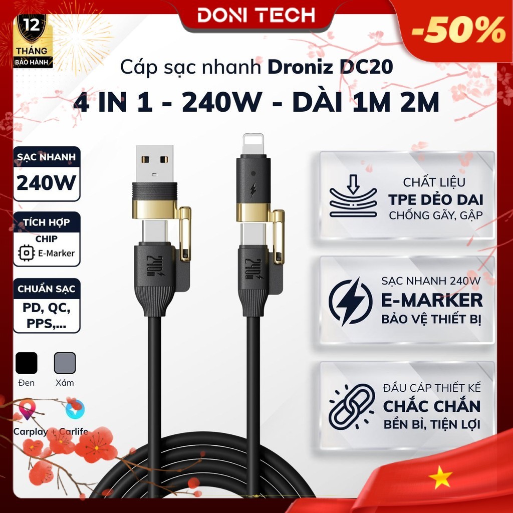 Cáp Sạc Nhanh Silicon 4in1 240W Doni DC20 Chip E-Marker 2 Mét Cho Phone 8-17 promax Android Laptop