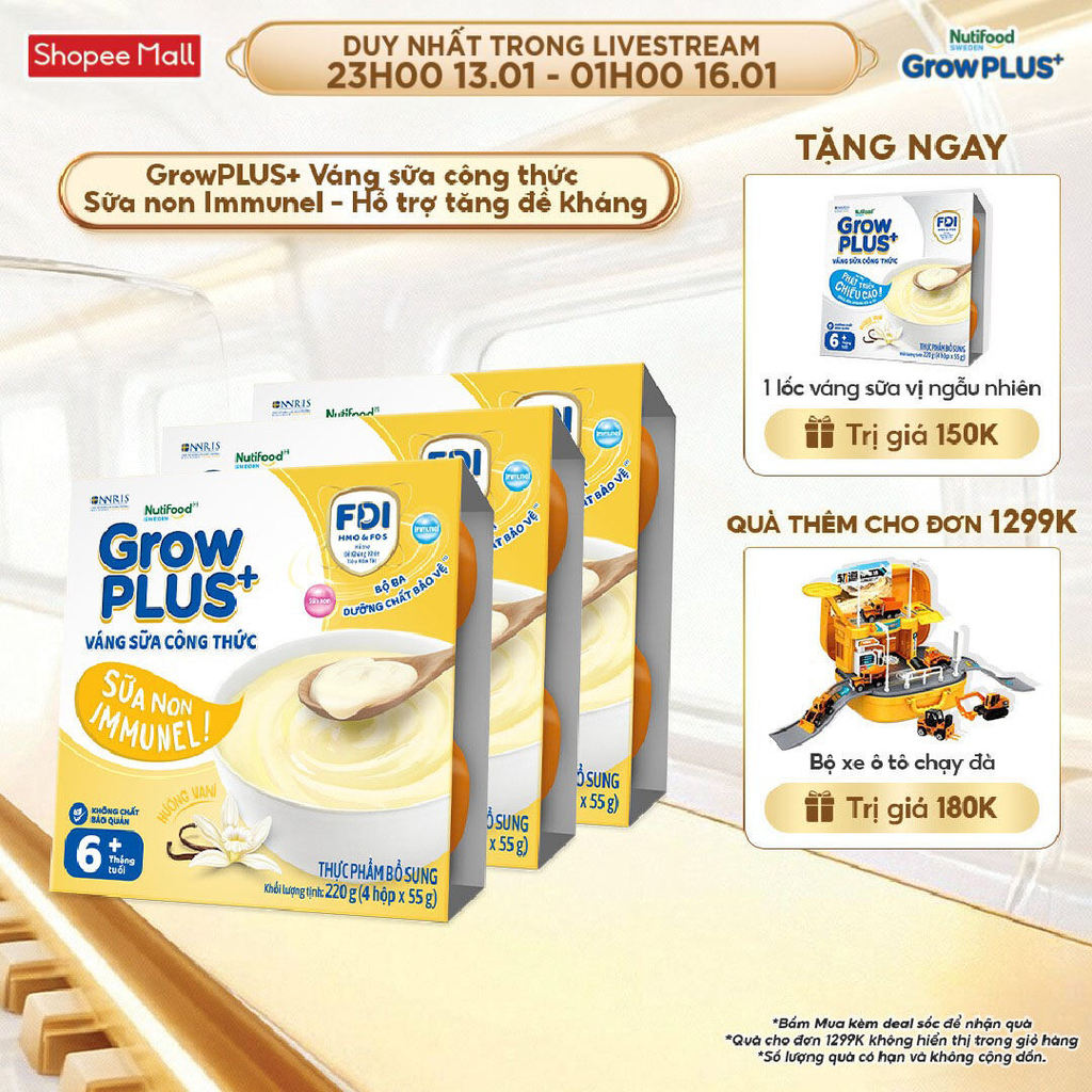 Combo 3 lốc GrowPLUS+ Váng sữa công thức Sữa non Immunel Hỗ trợ tăng đề kháng (55g x 12 hộp)