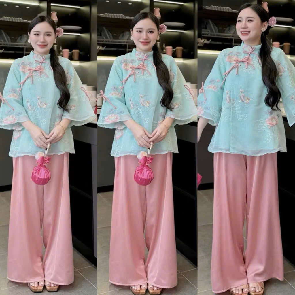 (HÀNG BIGSIZE NỮ 50KG ĐẾN 90KG) NT2231 Set Lam Áo Tơ Thêu Ngọc Diệu – Quần Lụa Satin Cao Cấp NT2231