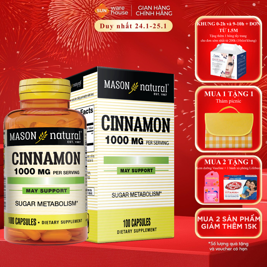 Viên Uống Hỗ Trợ Chuyển Hoá Đường MASON NATURAL Cinnamon 100 Viên