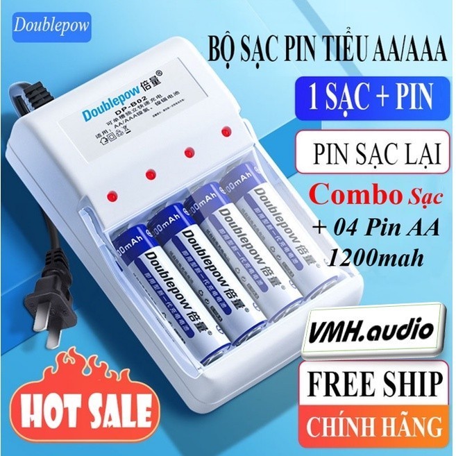 Combo sạc pin AA + 4 Pin AA 1200mah Doublepow B02 Pin tiểu sạc AA 1200mAh sạc lại 1000 lần | Chính H