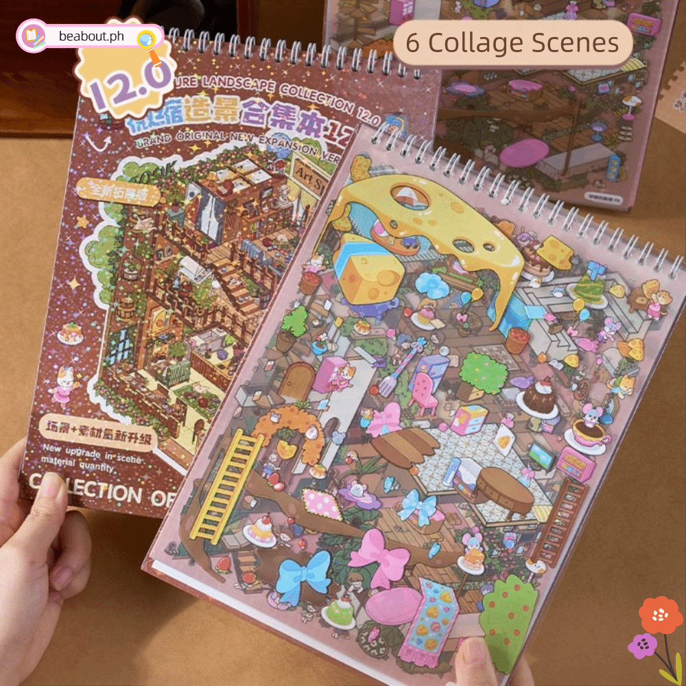 BEABOUT Bộ sưu tập cảnh thu nhỏ, Phim hoạt hình PET Phong cảnh Sticker Book, DIY Visual Stacking Poc