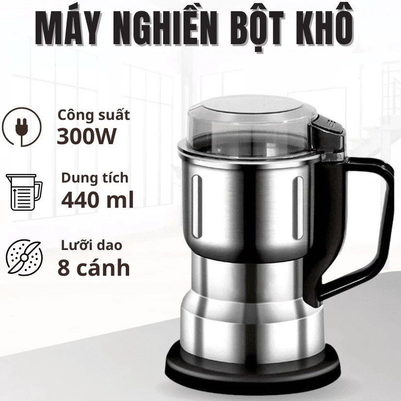 Máy xay hạt khô, xay bột, gia vị cà phê đa năng,công suất 300w,6 lưỡi dao cực bén, chất liệu cối inox