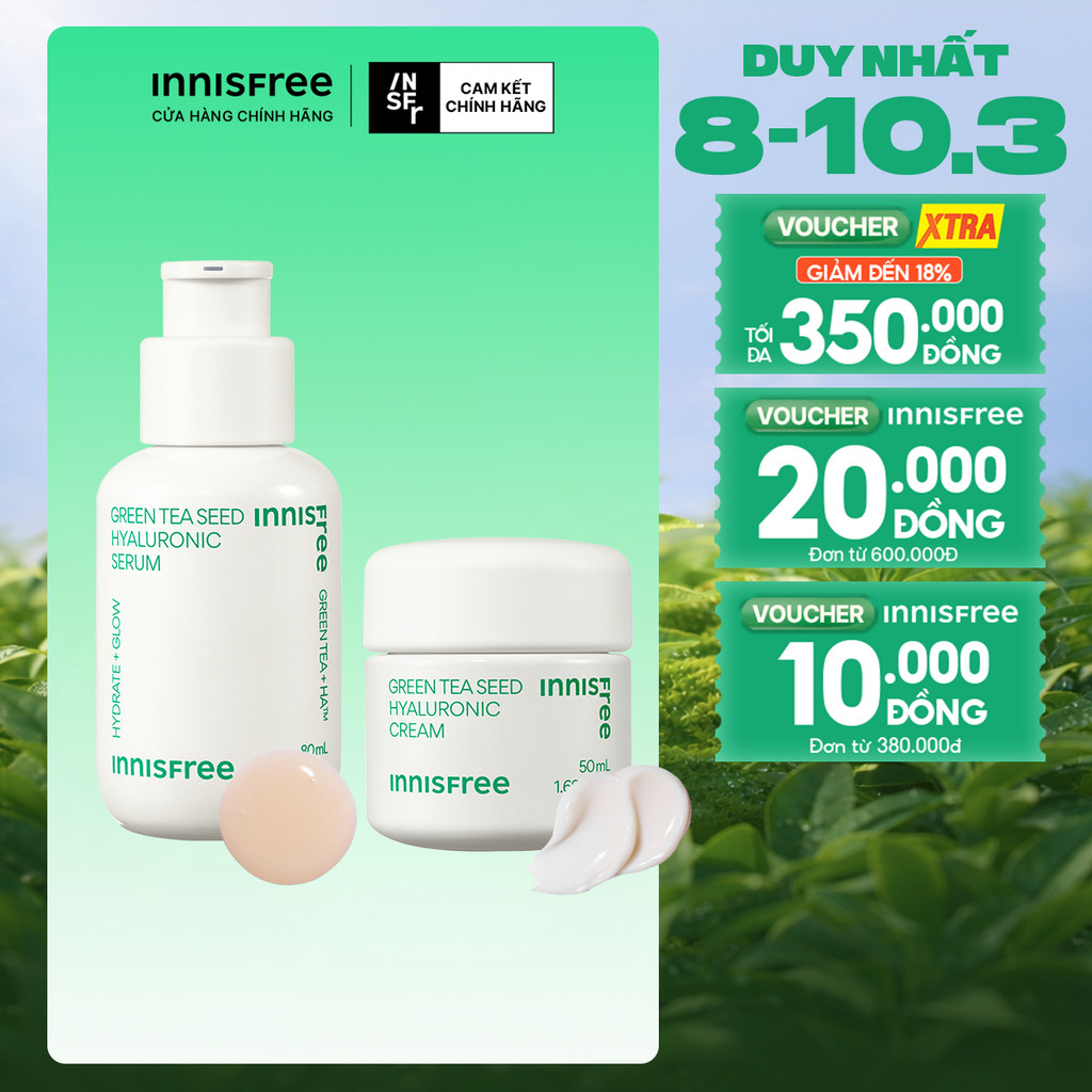 Bộ đôi Serum Trà Xanh INNISFREE cấp ẩm sâu, phục hồi da với Probiotics 80mL và Kem dưỡng ẩm trà xanh 50ml