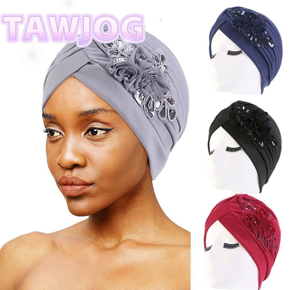 TAWJOG Mũ Turban Hồi giáo Mũ Sequin Mũ hoa xếp ly Mũ ngủ