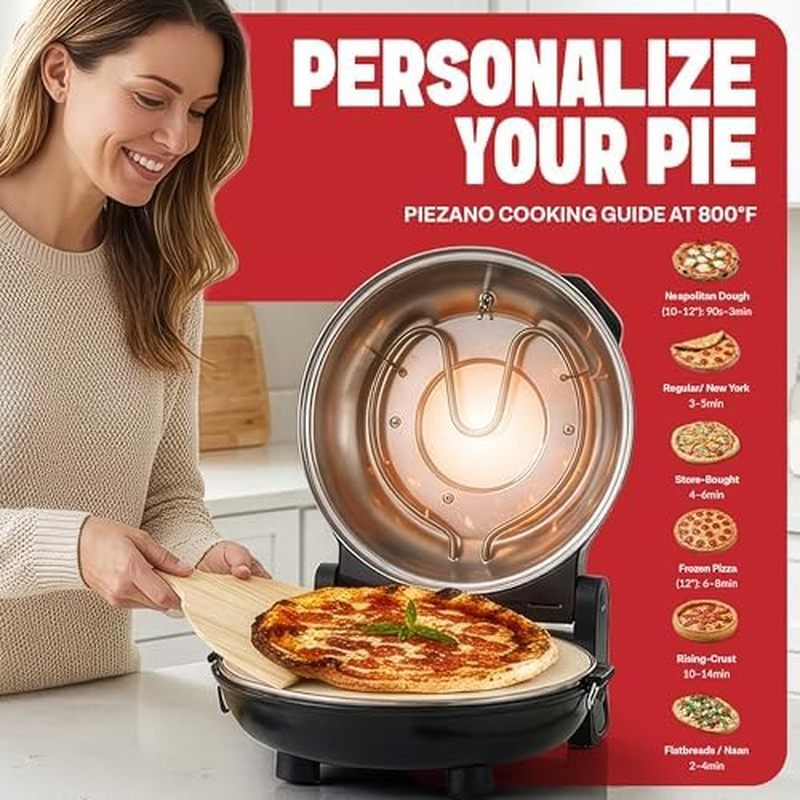 Lò nướng bánh pizza trong nhà bằng điện PIEZANO XL 14 Inch làm nóng lên tới 800 ̊ F - Máy làm bánh pizza có đá cho bánh pizza giòn, nấu nướng trong vòng dưới 6 phút, mặt bàn, kiểm soát nhiệt kép, bóc vỏ & am