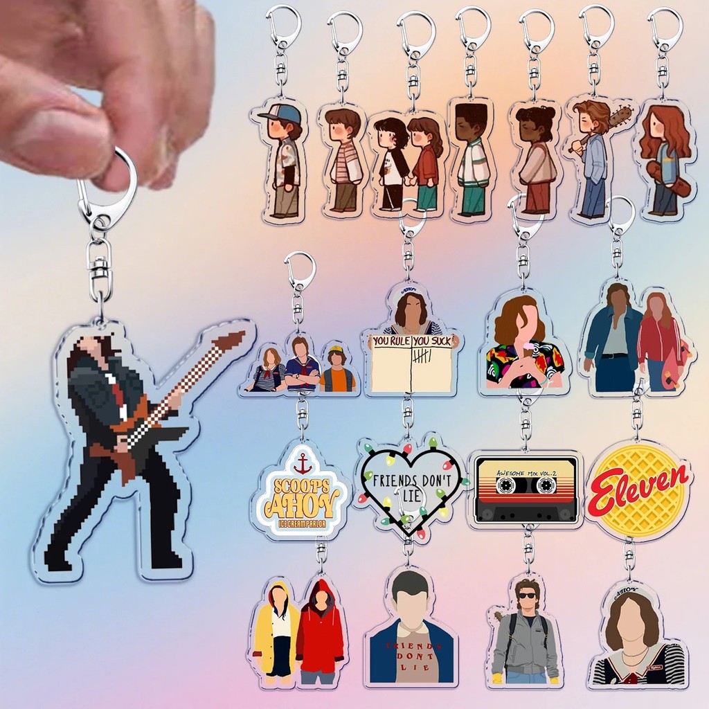 Móc khóa Stranger Things mica acrylic Eleven Eddie Munson Chibi trang trí balo quà tặng fan phim Net