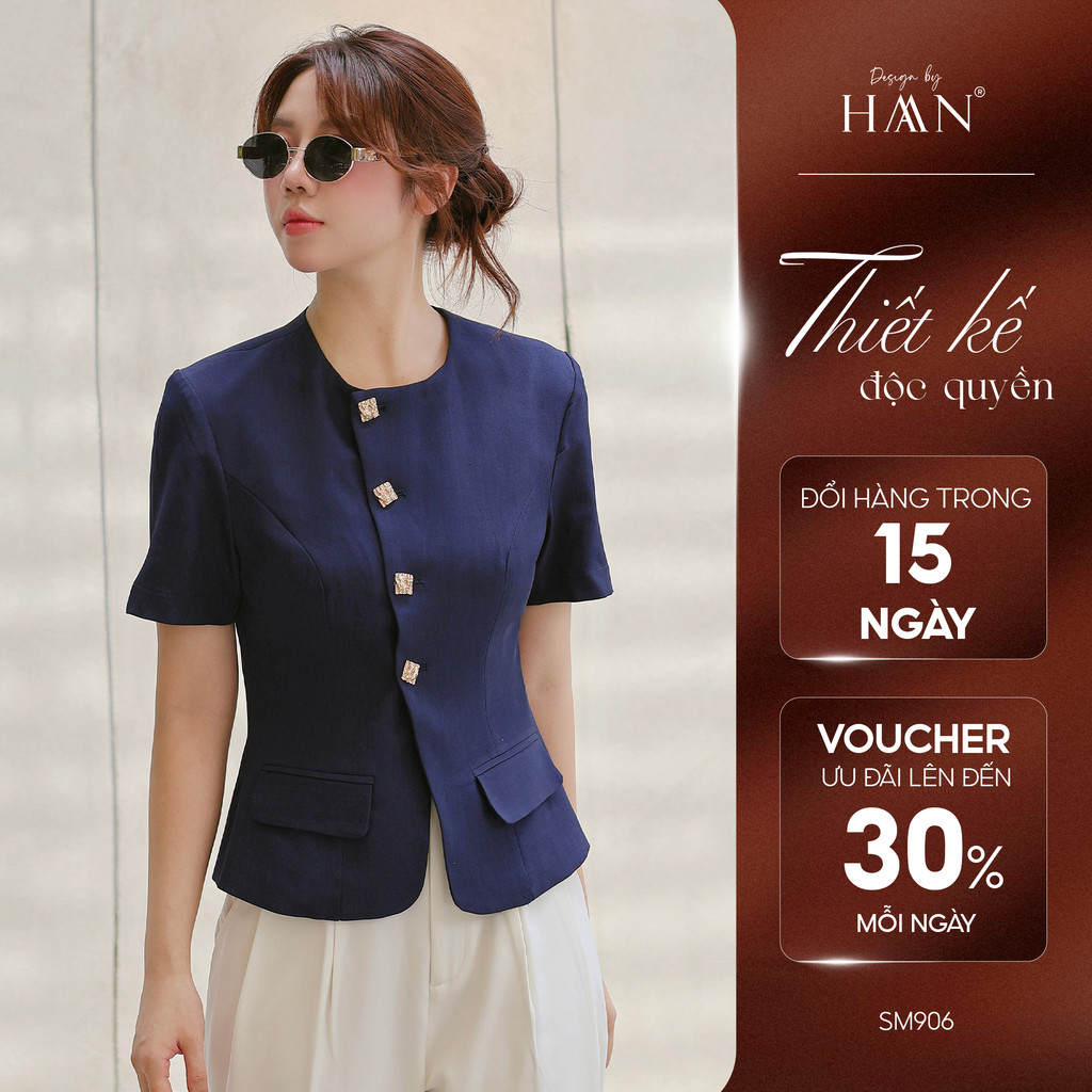 Áo Ký Giả Màu Xanh Than Thiết Kế Cổ Tròn Vạt Cách Điệu Thanh Lịch HAAN Design SM906