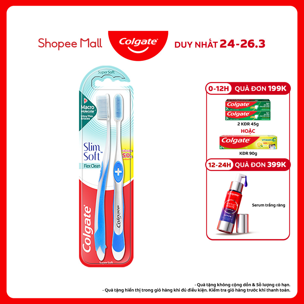 Bộ 2 bàn chải Colgate Slimsoft Flex Clean nguyên khối siêu mềm mảnh