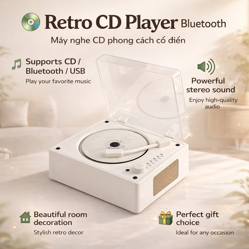 Máy Nghe CD Vintage Cao Cấp, CD Player Bluetooth, Máy Phát CD, Loa CD Retro, Âm Thanh Chuẩn, Thiết K