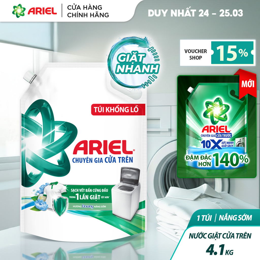 Nước Giặt cửa trên ARIEL sạch Bẩn Hương Nắng Sớm 4.1KG/ Nước giặt 10X giặt sạch túi 4.05KG