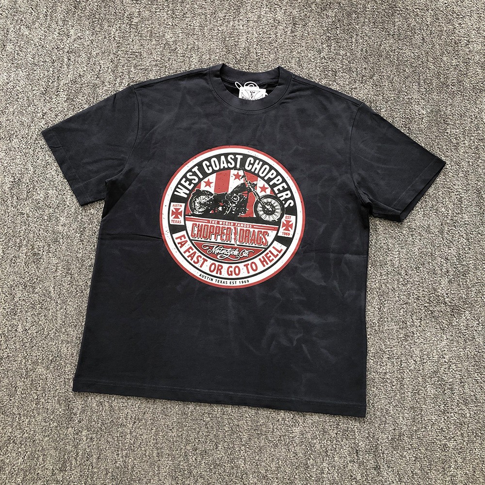 BMCQ West Coast Choppers SS West Coast Motorcycle Washed Vintage Short Sleeve T Men's Summer T-shirt