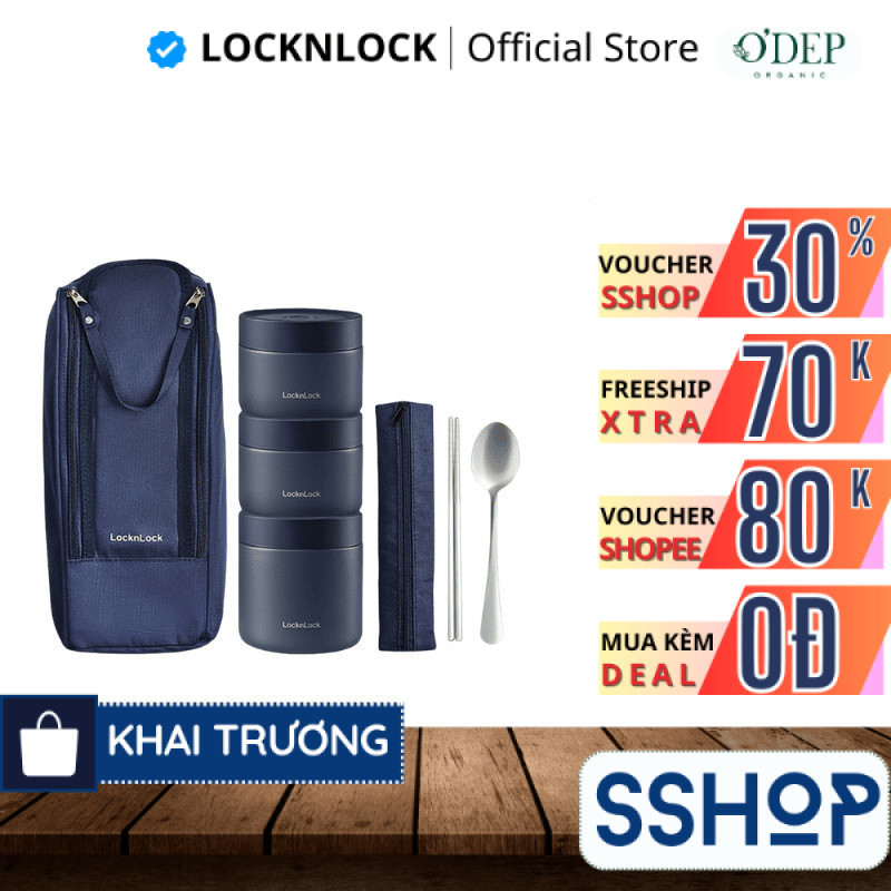 Hộp cơm giữ nhiệt văn phòng 1.1L LocknLock 3 ngăn LHC8052S01, kèm túi và muỗng đũa - SSHOP SSO
