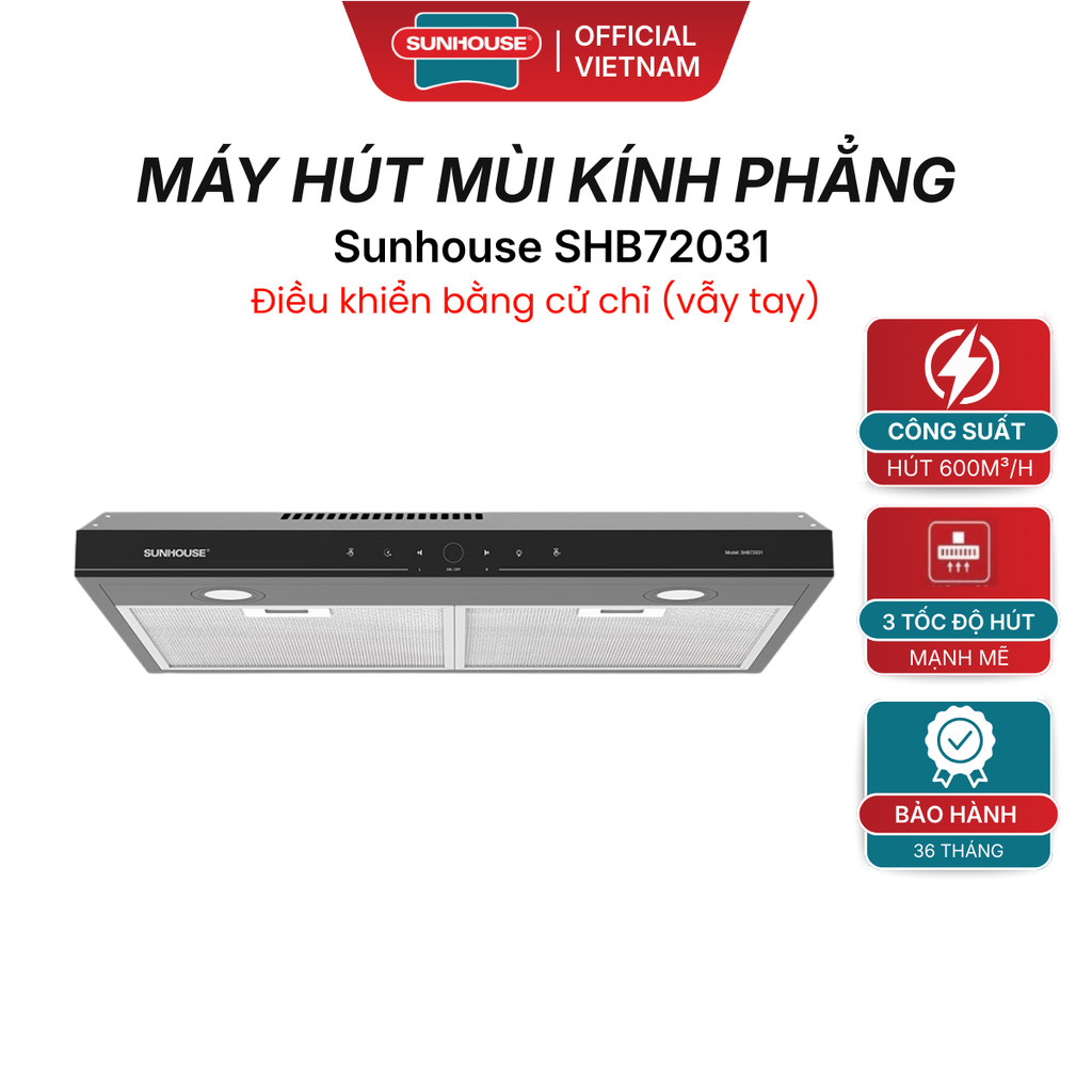 Máy Hút Mùi Kính Thẳng SUNHOUSE SHB72031 - Vỏ Ngoài Sơn Đen Tĩnh Điện, 3 Tốc Độ Hút Mạnh Mẽ