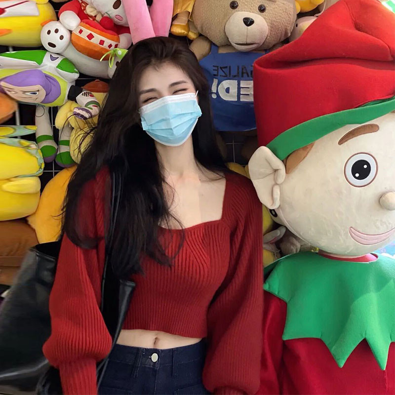 áo croptop len áo croptop len tay dài Áo len lệch vai cổ vuông màu đỏ kiểu Pháp, phù hợp đầu mùa thu