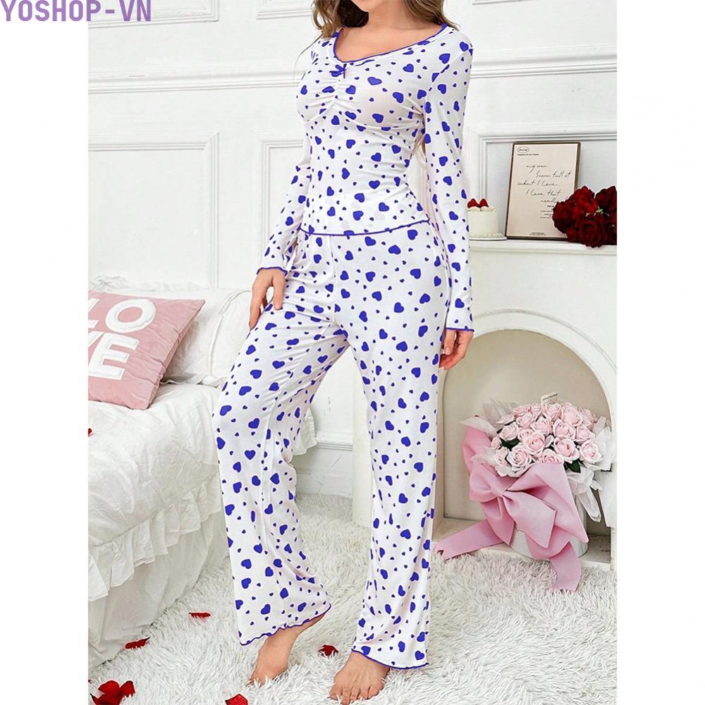 [Ysp]Women Pajama Set Polyester Fabric Heart-shaped Print Moderate Elasticity