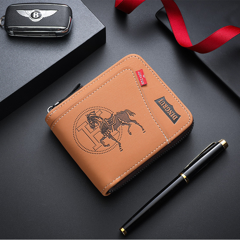 Premium In-Stock#New Men's Chain Wallet Retro Style Horizontal Zipper Bag Fashion Short Card Holder 