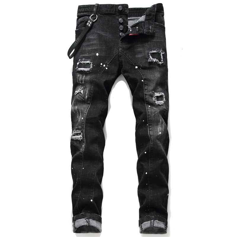 Nam Skinny Jean Rách Beggar Style, Màu Đen Sơn Bắn, Co Dãn