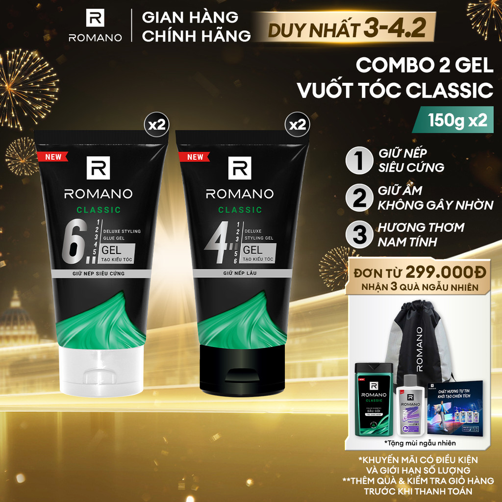 Combo 2 Gel vuốt tóc nam Romano Classic giữ nếp lâu và giữ nếp siêu cứng 150g/chai