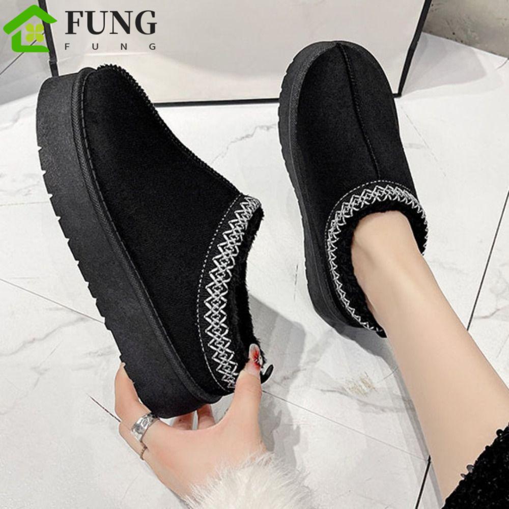 FUNG Fluffy Flats Dép, Flats Velvet Solid Platform Dép, Giày Gia Đình Thoải Mái Dày Chống Trơn Trượt