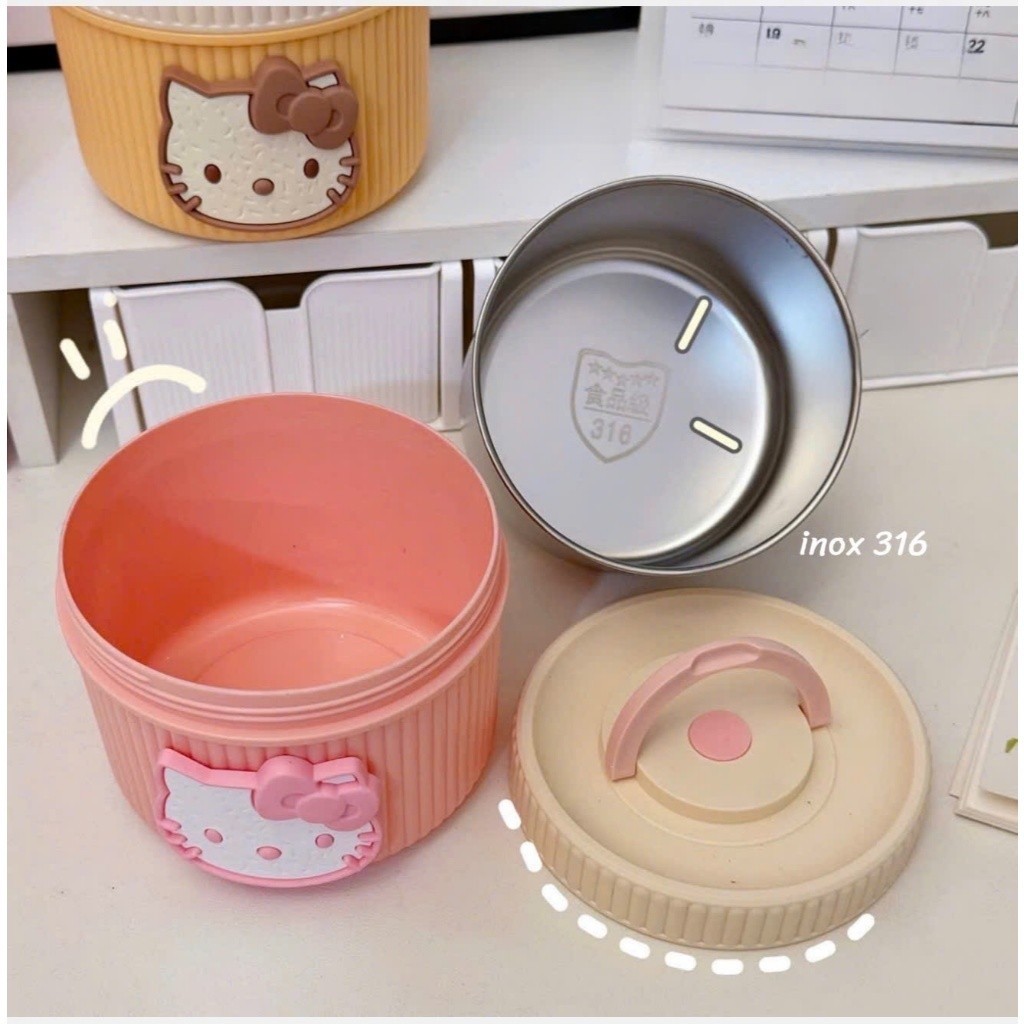 Hộp Cơm Giữ Nhiệt 600ml– Thiết Kế Hình Mèo Kitty Dễ Thương, Giữ Nhiệt Tốt, Tiện Mang Đi Học Đi Làm H153