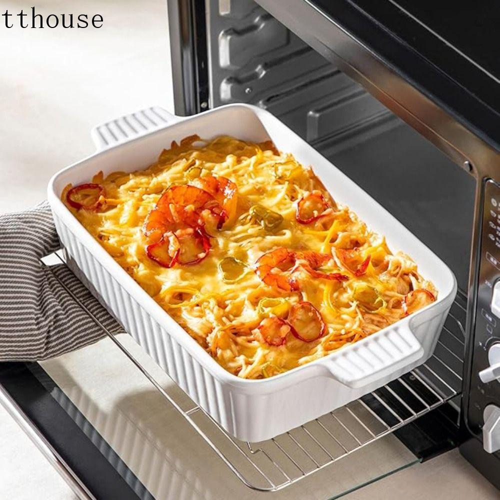 Đĩa nướng TTHOUSE, Khay nướng gốm sâu hình chữ nhật, đa năng có tay cầm họa tiết sọc Lasagna Pan Roa