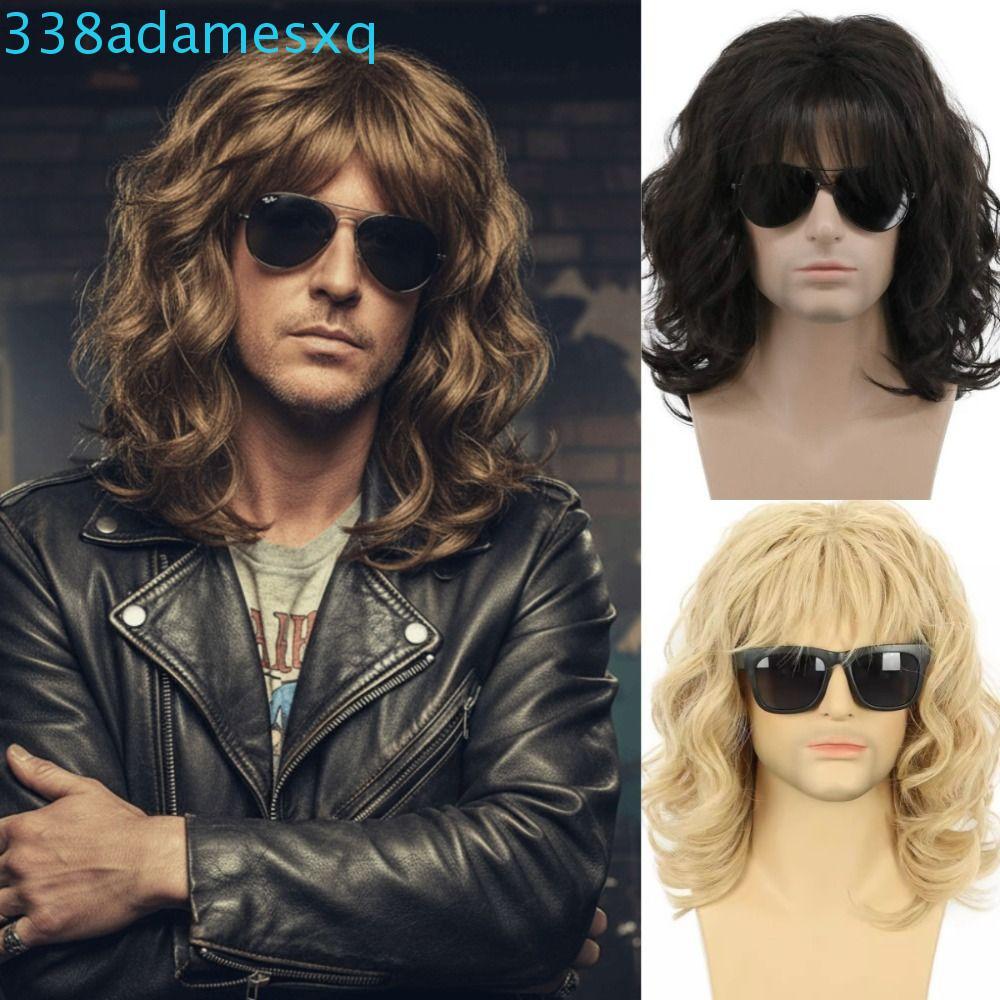 ADAMESXQB Tóc Giả Nam Tự Nhiên Sóng, Phù Hợp Cosplay và Style Hippie 70s-80s, Xoăn Tóc Nâu Dài