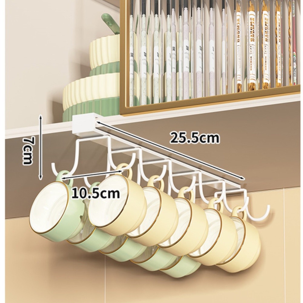 <cosyh>Wrought Iron Under Cabinet Cup Rack No Drill Hanging Organizer For Cups 6 Hanger