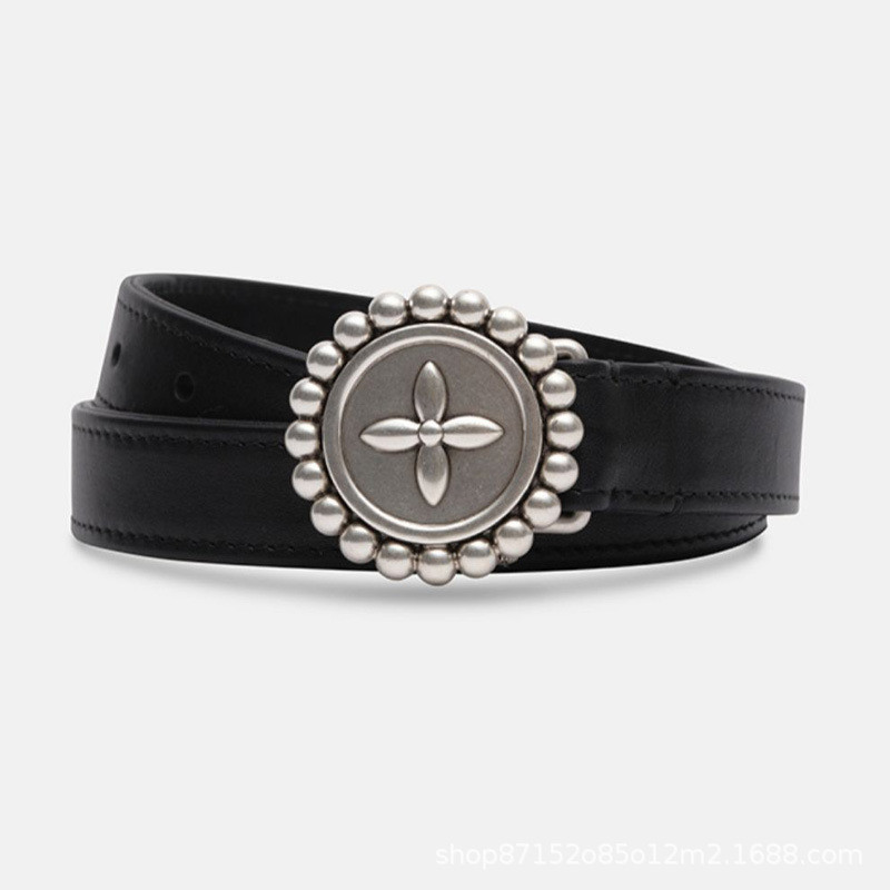 19PH SMFK R  Compass badge belt, black balloon belt, vegetable-tanned cowhide, vintage silver women'