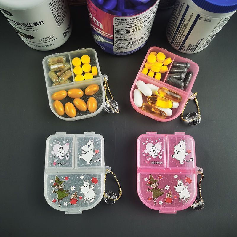 Moomin moomin moomin Yamei Ba Lưới Nhỏ Hộp Đựng Thuốc PP Bảo Quản Mini Di Động Dễ Thương Phụ Đóng Gó