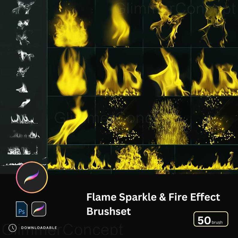 Bộ 50 cọ lửa Procreate & Photoshop - cọ cháy, tia lửa, hiệu ứng ánh sáng