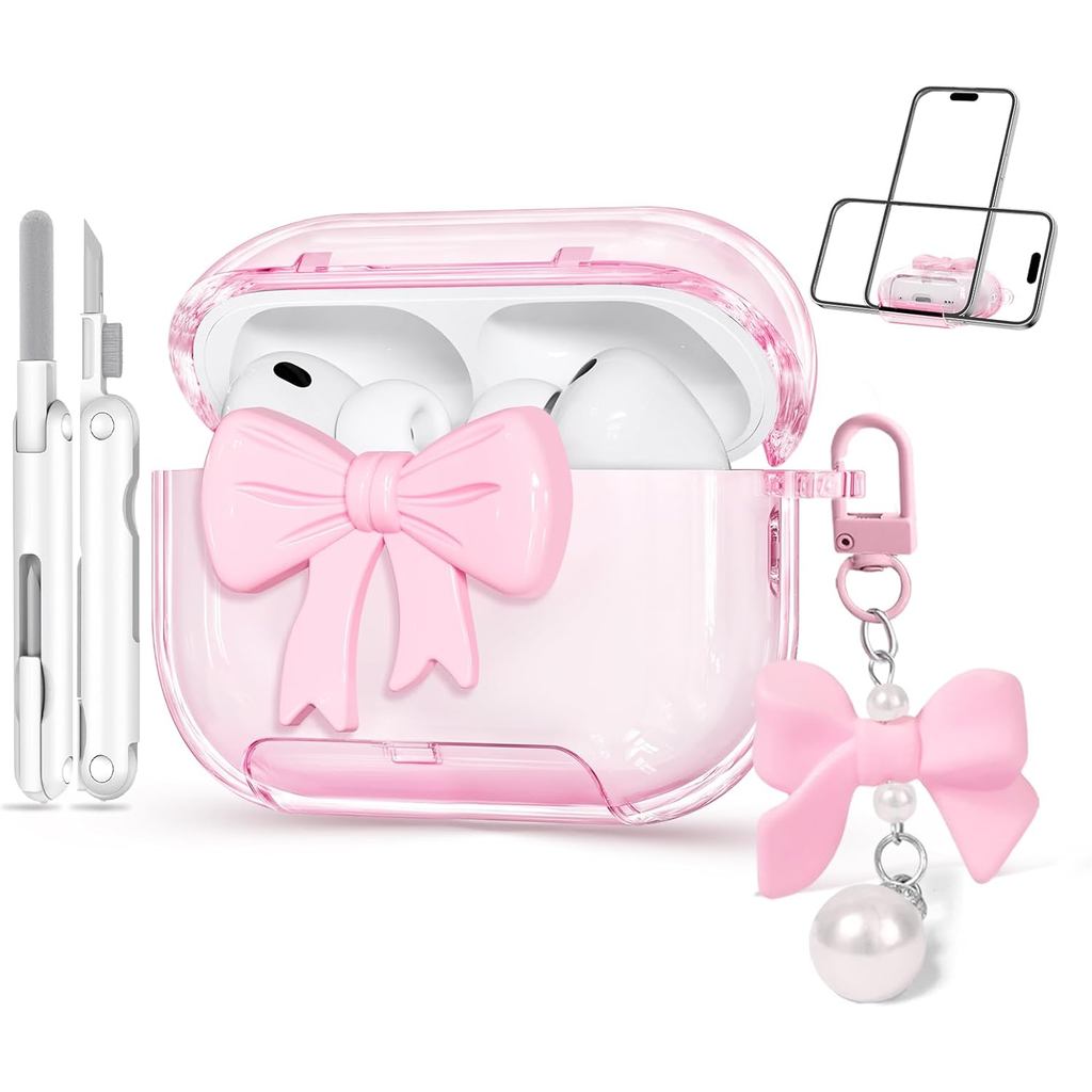 Dành cho Vỏ AirPods Pro 3 Màu Hồng 2025 Có Khóa An Toàn & Đế Điện Thoại, Vỏ 3D Bow Clear iPod Pro 3 