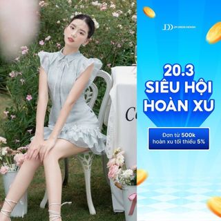Đầm cổ đức tay bèo xếp ly 1P06.2406OG, váy tơ tay bèo chân tầng xòe dáng ngắn tiểu thư đầm dạo phố kiểu dáng cổ đức JM